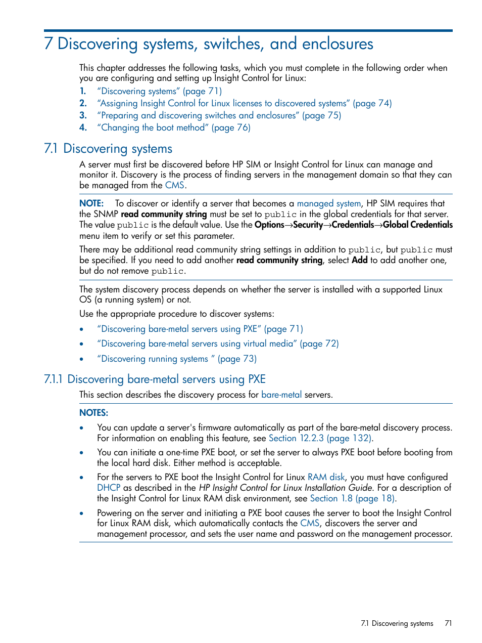 7 discovering systems, switches, and enclosures, 1 discovering systems, 1 discovering bare-metal servers using pxe | HP Insight Control Software for Linux User Manual | Page 71 / 273