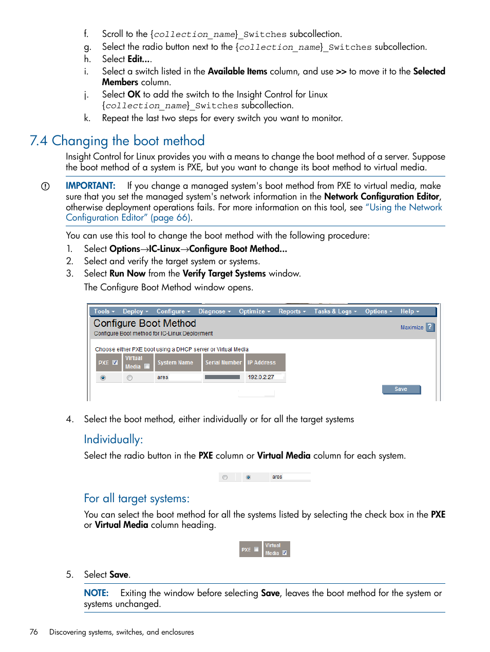 4 changing the boot method, Individually, For all target systems | HP Insight Control Software for Linux User Manual | Page 76 / 273