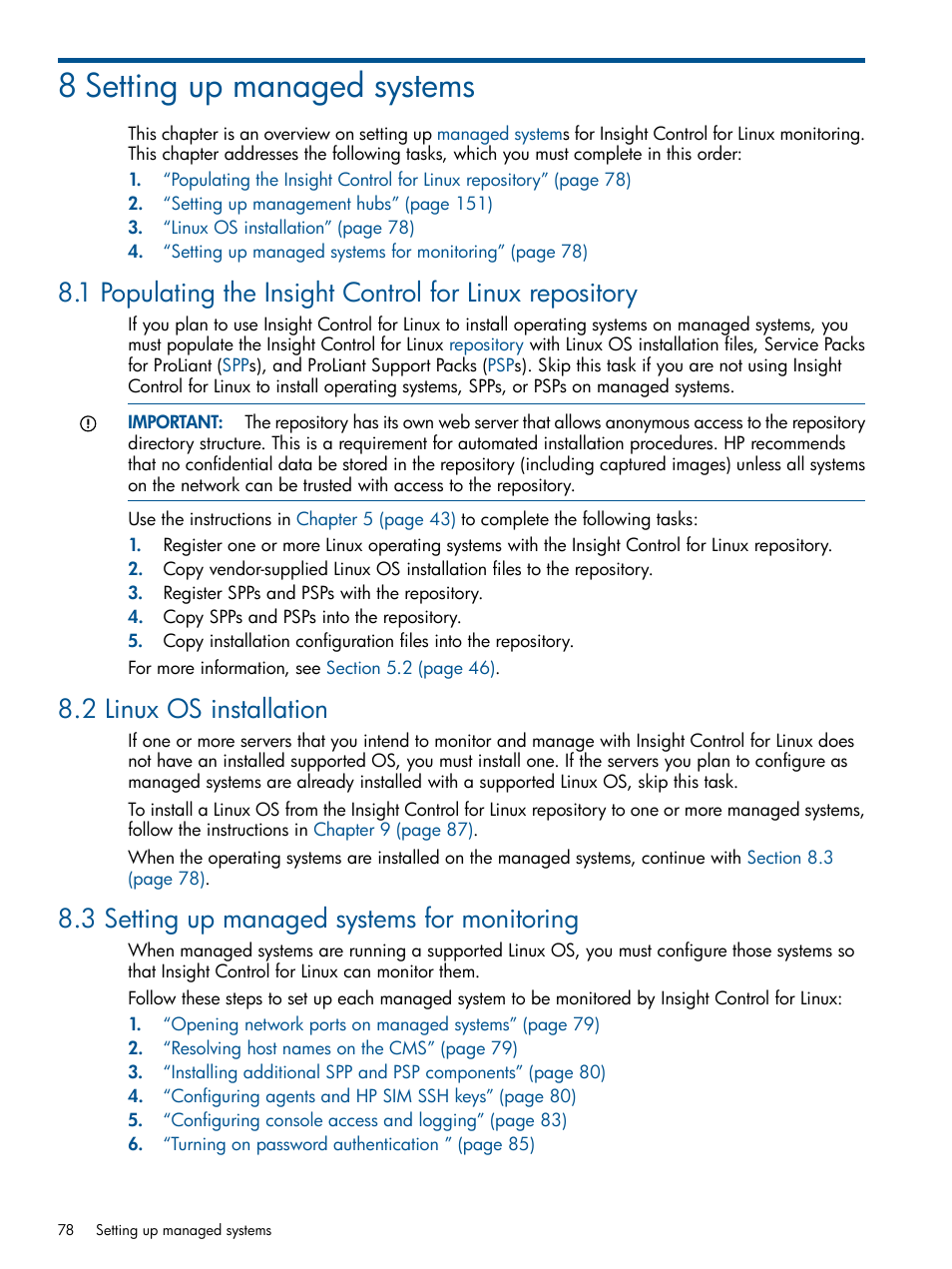 8 setting up managed systems, 2 linux os installation, 3 setting up managed systems for monitoring | HP Insight Control Software for Linux User Manual | Page 78 / 273