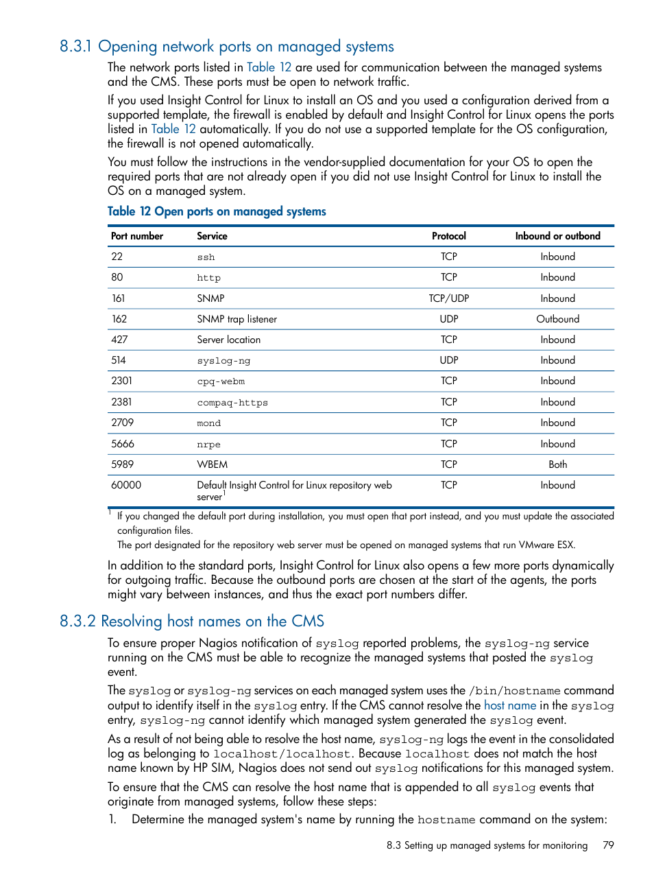 1 opening network ports on managed systems, 2 resolving host names on the cms | HP Insight Control Software for Linux User Manual | Page 79 / 273