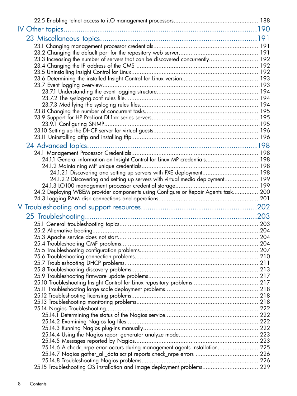 Iv other topics 23 miscellaneous topics, 24 advanced topics | HP Insight Control Software for Linux User Manual | Page 8 / 273