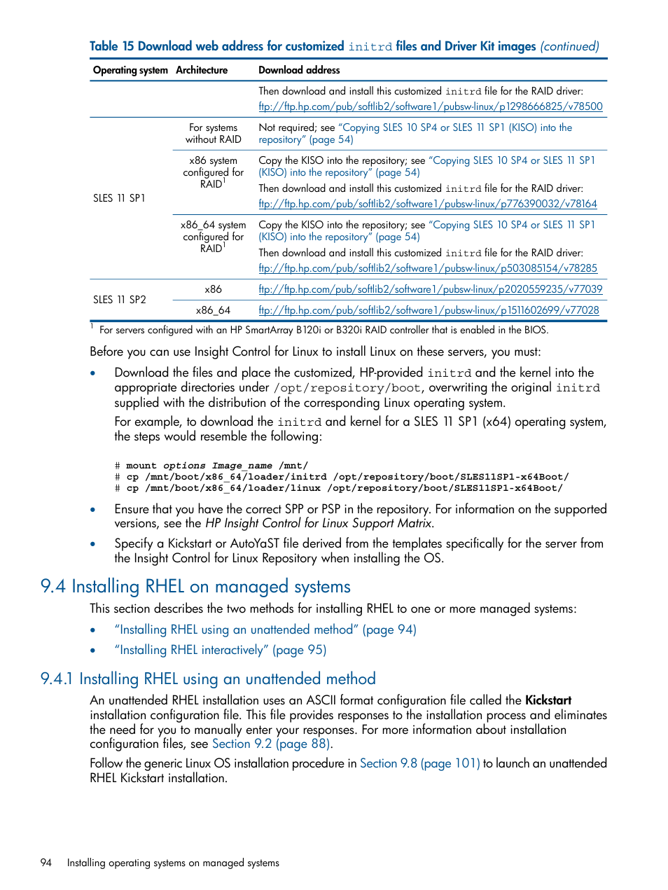 4 installing rhel on managed systems, 1 installing rhel using an unattended method | HP Insight Control Software for Linux User Manual | Page 94 / 273