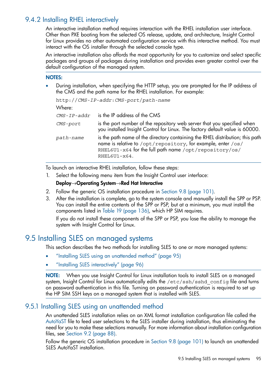 2 installing rhel interactively, 5 installing sles on managed systems, 1 installing sles using an unattended method | HP Insight Control Software for Linux User Manual | Page 95 / 273