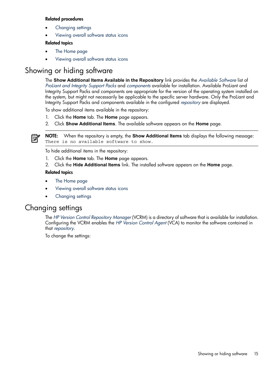 Showing or hiding software, Changing settings, Showing or hiding software changing settings | HP Insight Foundation Software for ProLiant User Manual | Page 15 / 37