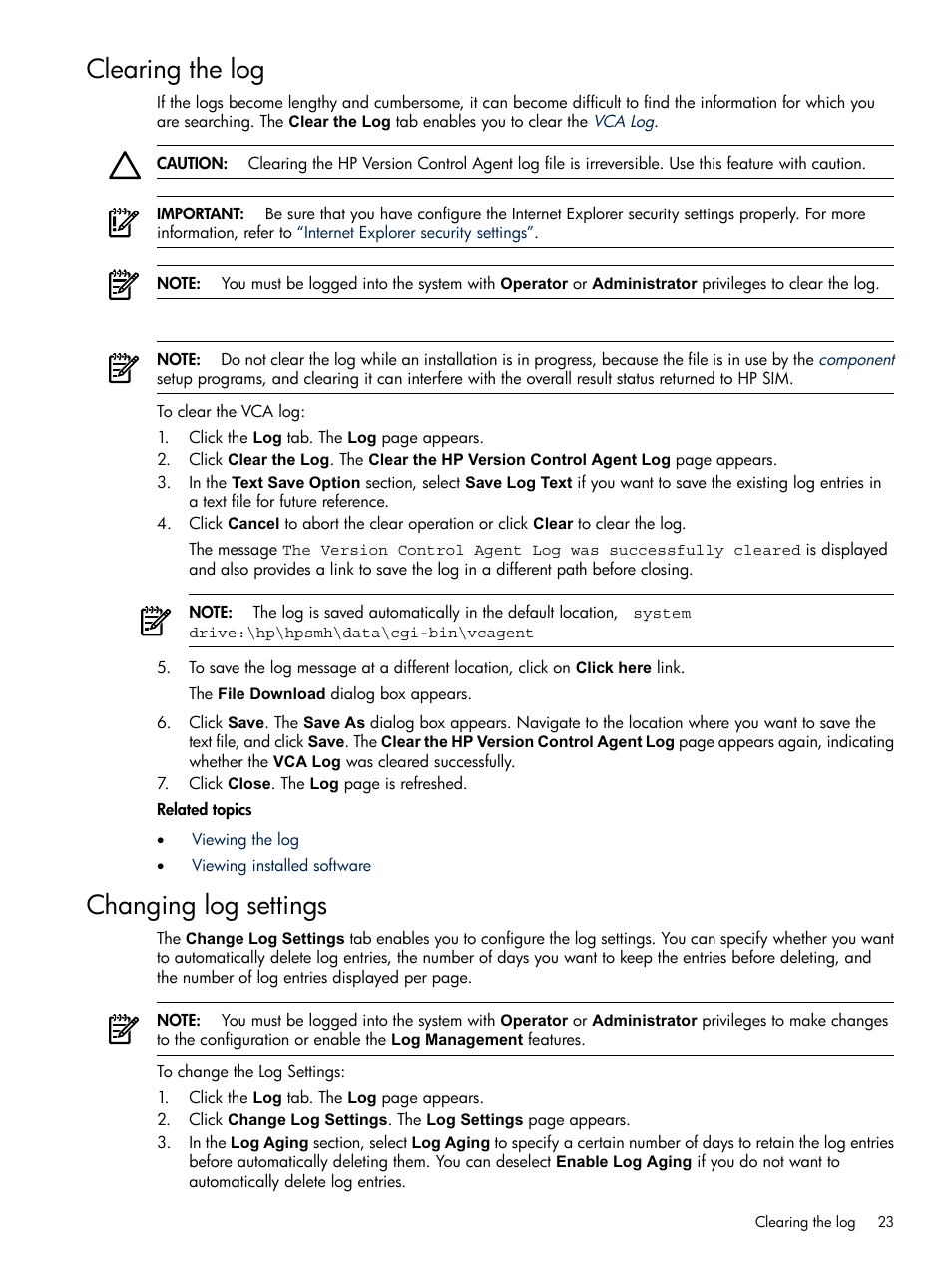 Clearing the log, Changing log settings, Clearing the log changing log settings | HP Insight Foundation Software for ProLiant User Manual | Page 23 / 37