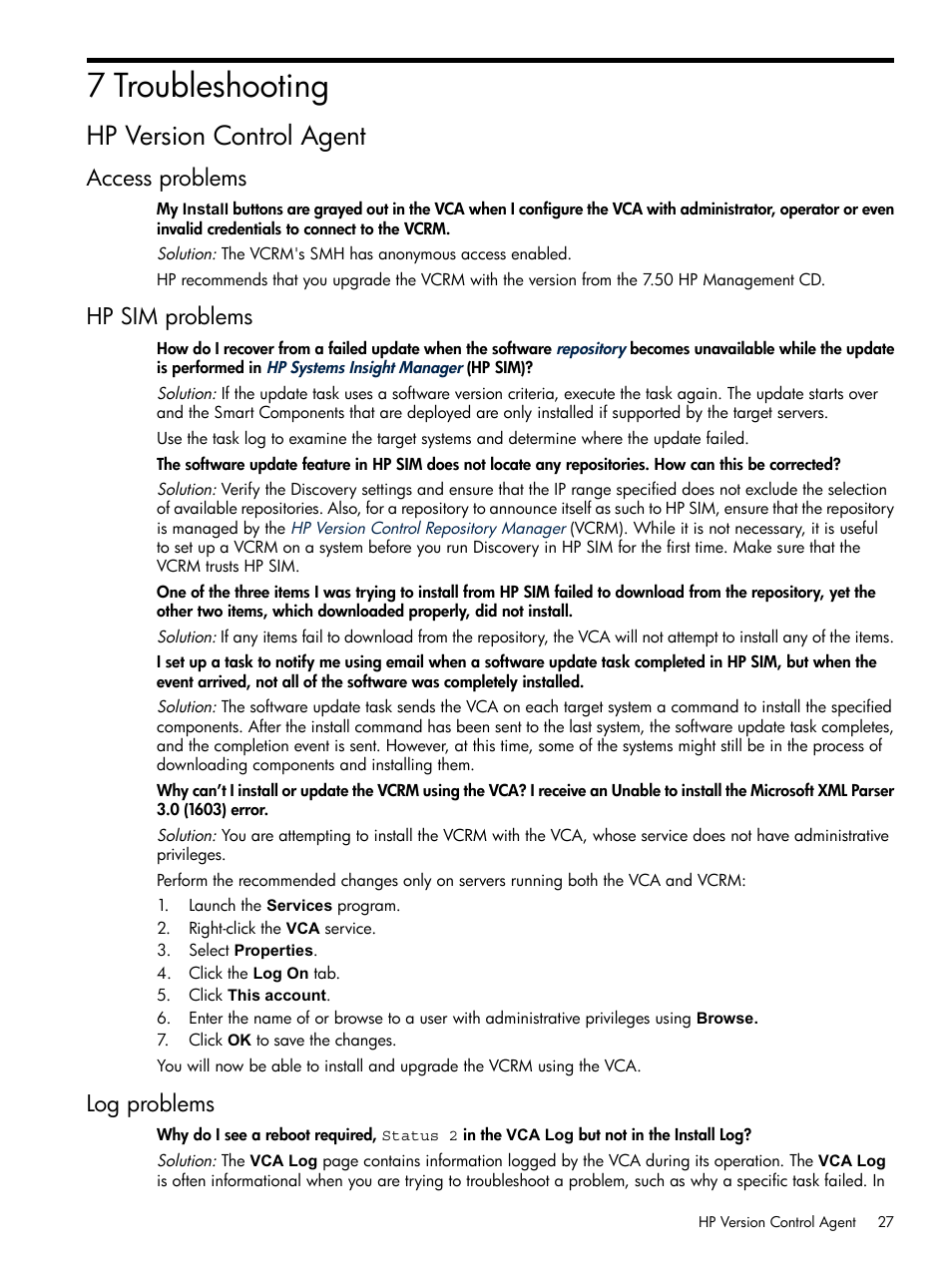 7 troubleshooting, Hp version control agent, Access problems | Hp sim problems, Log problems, Access problems hp sim problems log problems, Troubleshooting | HP Insight Foundation Software for ProLiant User Manual | Page 27 / 37