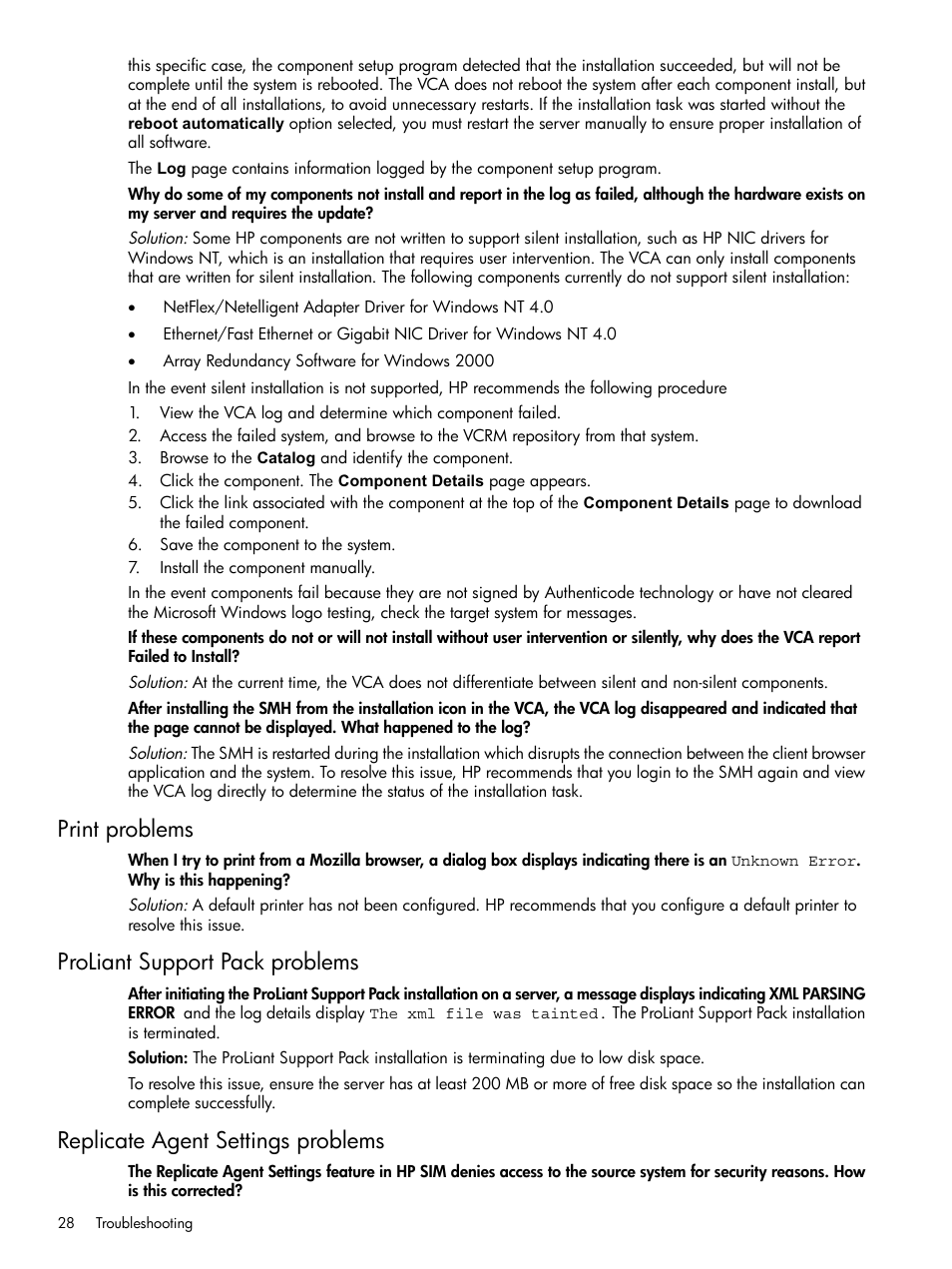 Print problems, Proliant support pack problems, Replicate agent settings problems | HP Insight Foundation Software for ProLiant User Manual | Page 28 / 37