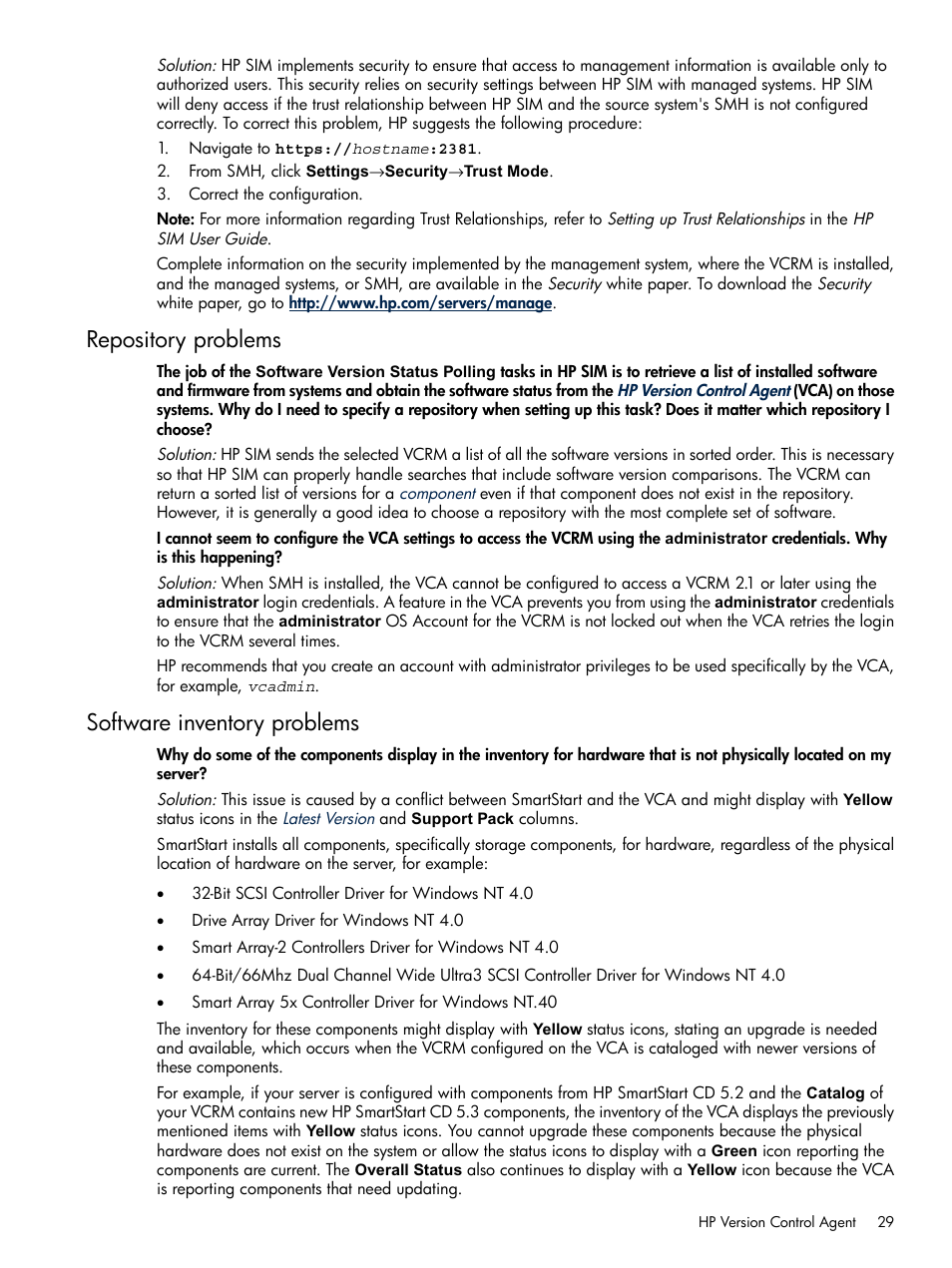 Repository problems, Software inventory problems, Repository problems software inventory problems | HP Insight Foundation Software for ProLiant User Manual | Page 29 / 37