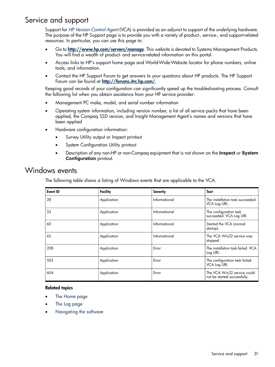 Service and support, Windows events, Service and support windows events | HP Insight Foundation Software for ProLiant User Manual | Page 31 / 37