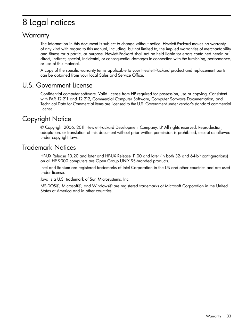 8 legal notices, Warranty, U.s. government license | Copyright notice, Trademark notices | HP Insight Foundation Software for ProLiant User Manual | Page 33 / 37