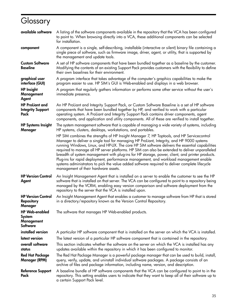 Glossary, Hp version control agent, Hp insight management agent | Hp version control repository manager, Component, Hp systems insight, Manager, Available software, Hp proliant and integrity support pack, Graphical user interface | HP Insight Foundation Software for ProLiant User Manual | Page 35 / 37