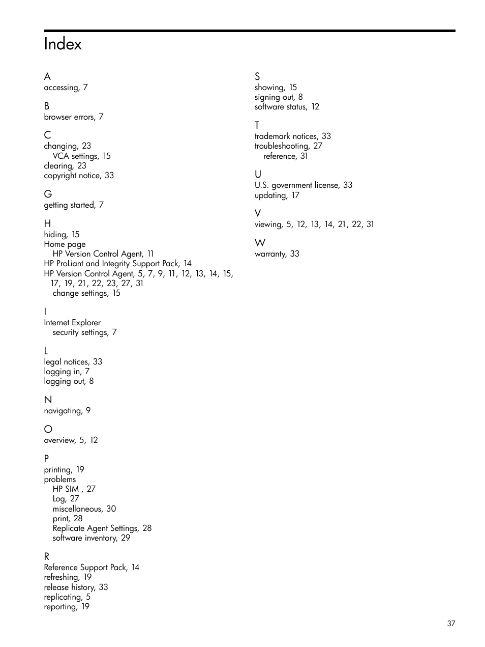 Index | HP Insight Foundation Software for ProLiant User Manual | Page 37 / 37