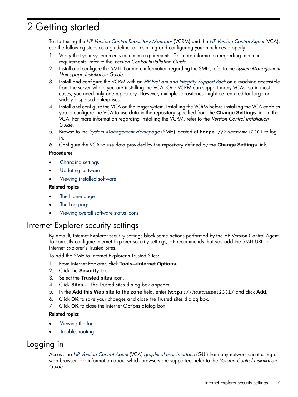 2 getting started, Internet explorer security settings, Logging in | Internet explorer security settings logging in | HP Insight Foundation Software for ProLiant User Manual | Page 7 / 37