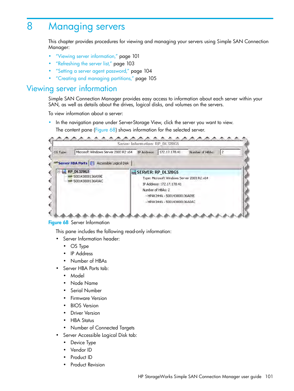 Managing servers, Viewing server information, 8 managing servers | 68 server information, 8managing servers | HP StorageWorks 2000fc G2 Modular Smart Array User Manual | Page 101 / 150