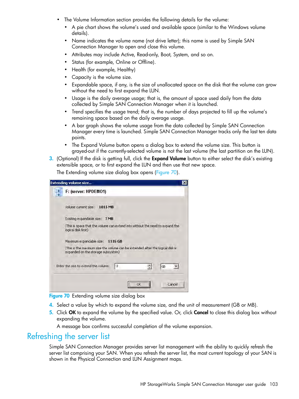 Refreshing the server list, 70 extending volume size dialog box | HP StorageWorks 2000fc G2 Modular Smart Array User Manual | Page 103 / 150