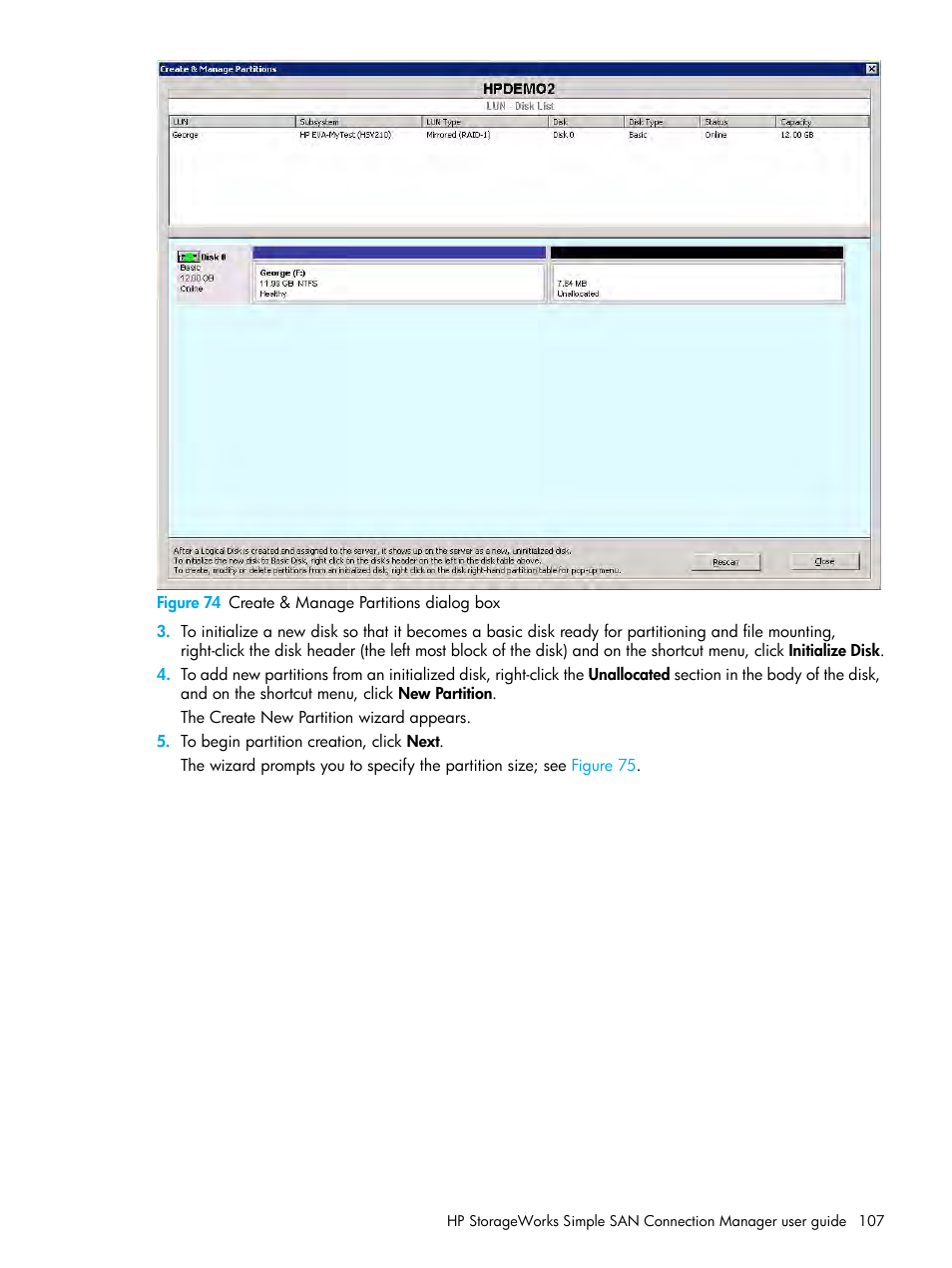 74 create & manage partitions dialog box | HP StorageWorks 2000fc G2 Modular Smart Array User Manual | Page 107 / 150