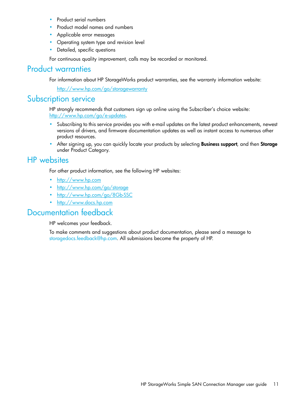 Product warranties, Subscription service, Hp websites | Documentation feedback | HP StorageWorks 2000fc G2 Modular Smart Array User Manual | Page 11 / 150