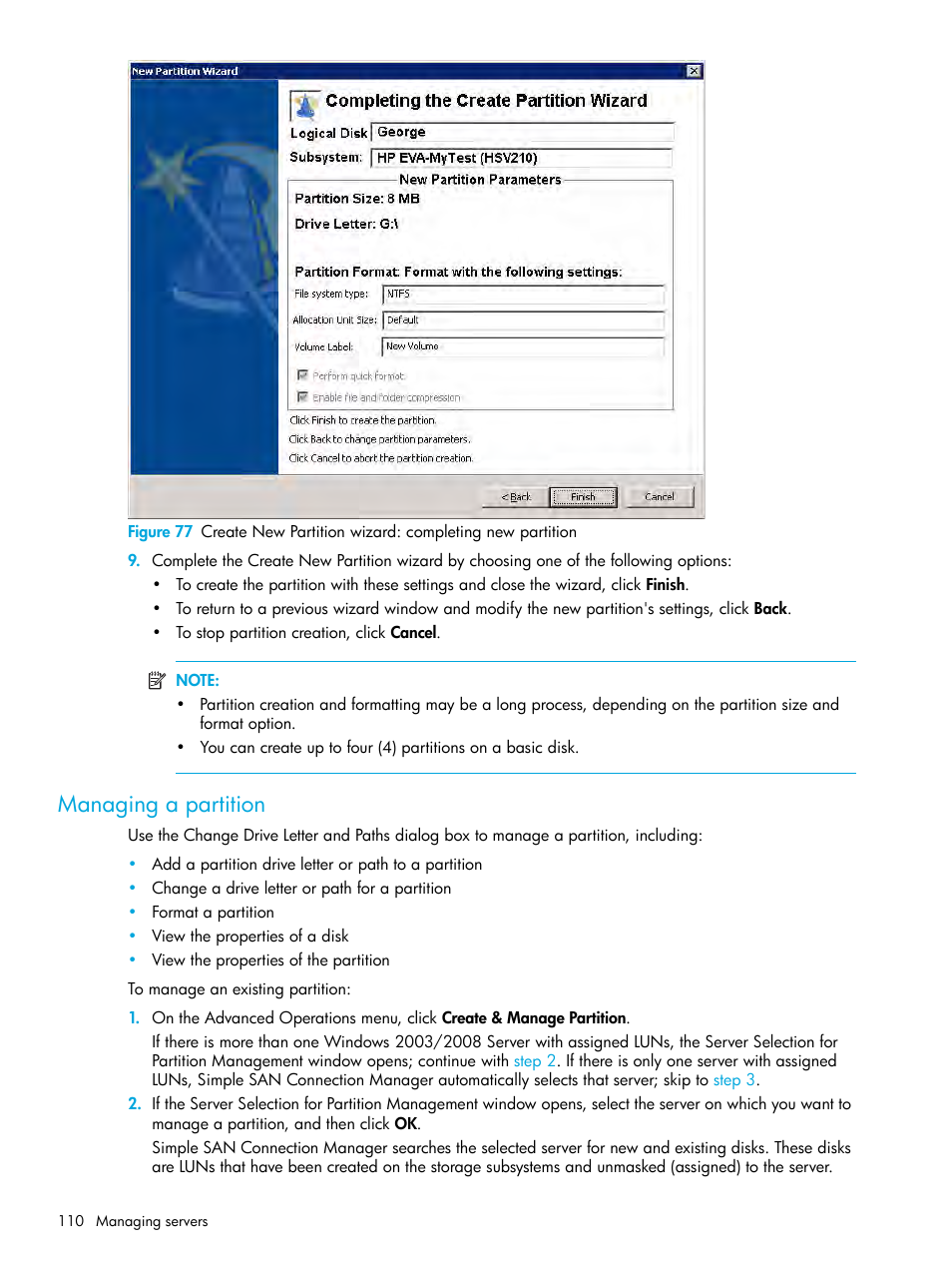 Managing a partition | HP StorageWorks 2000fc G2 Modular Smart Array User Manual | Page 110 / 150