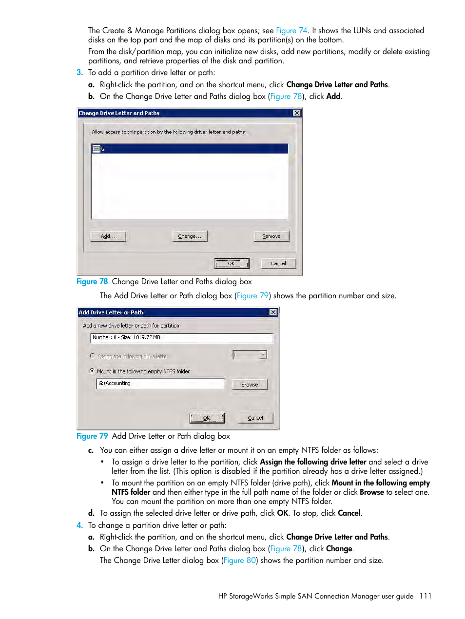 78 change drive letter and paths dialog box, 79 add drive letter or path dialog box, Step 3 | HP StorageWorks 2000fc G2 Modular Smart Array User Manual | Page 111 / 150