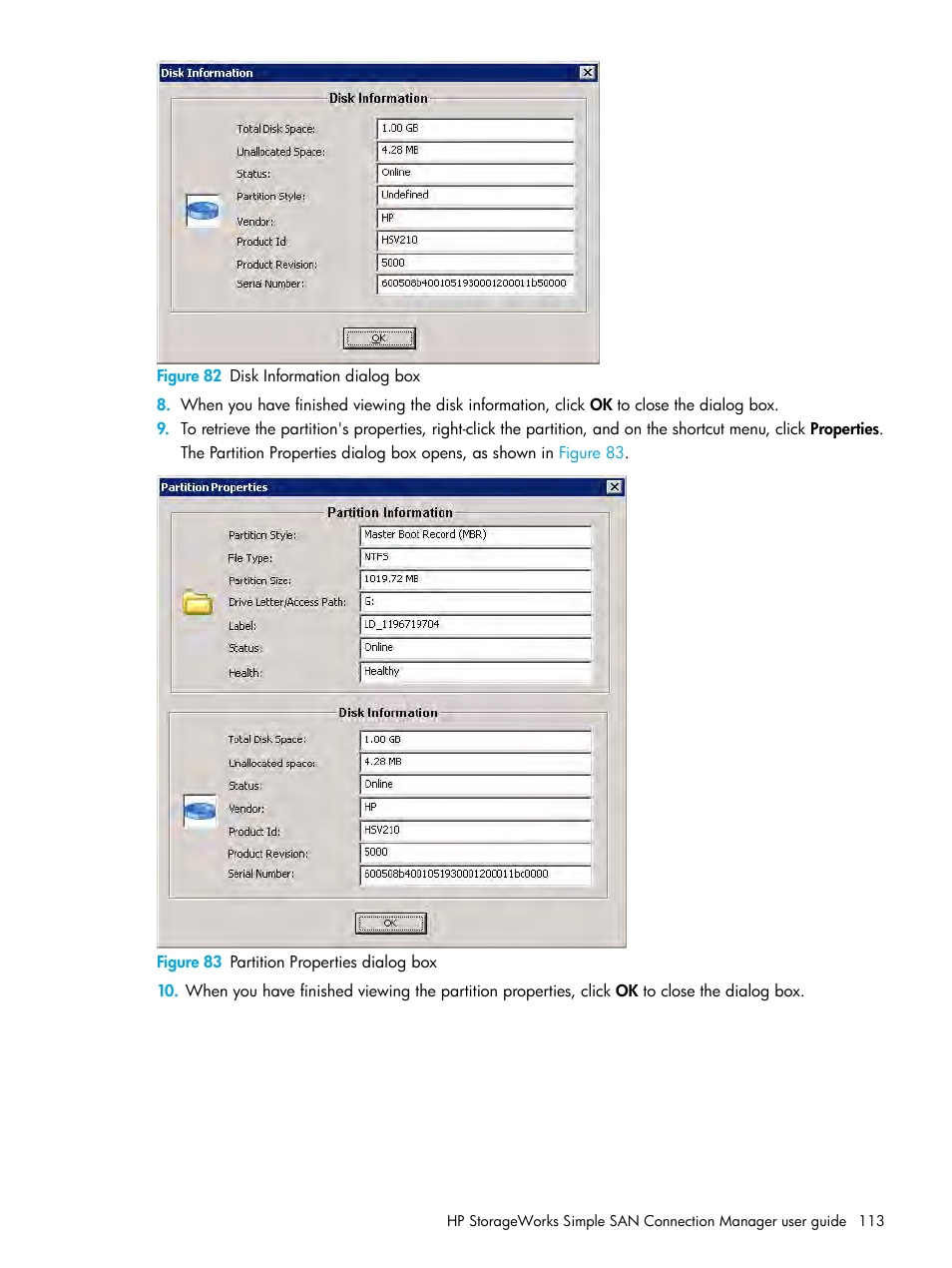 82 disk information dialog box, 83 partition properties dialog box | HP StorageWorks 2000fc G2 Modular Smart Array User Manual | Page 113 / 150