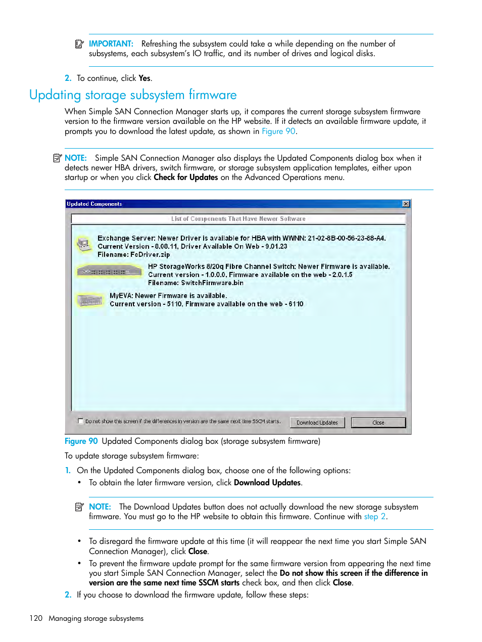 Updating storage subsystem firmware | HP StorageWorks 2000fc G2 Modular Smart Array User Manual | Page 120 / 150