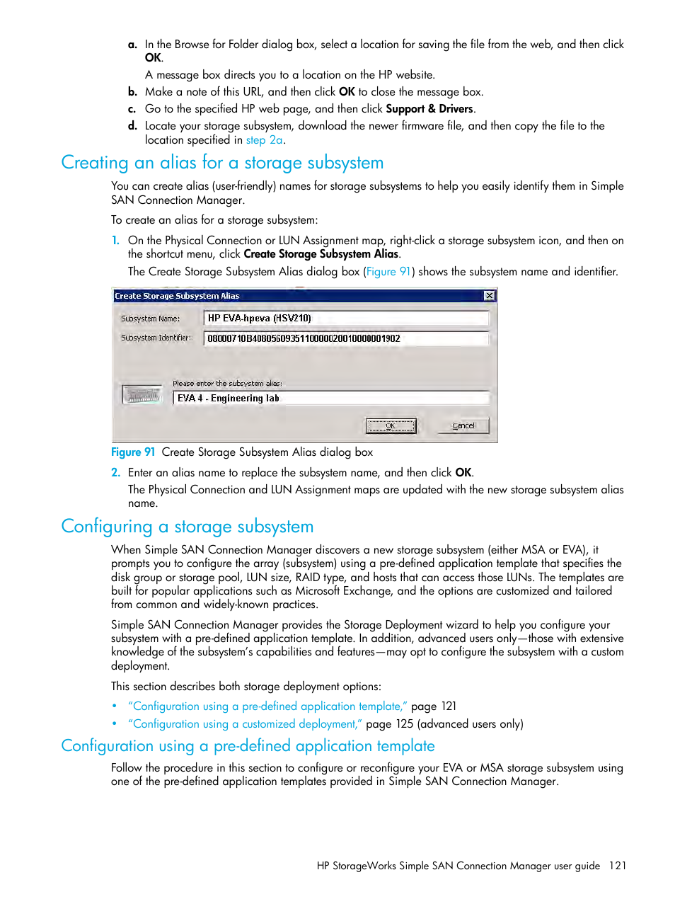 Creating an alias for a storage subsystem, Configuring a storage subsystem, 91 create storage subsystem alias dialog box | Configuring a storage, Subsystem, Configuring a, Storage subsystem | HP StorageWorks 2000fc G2 Modular Smart Array User Manual | Page 121 / 150