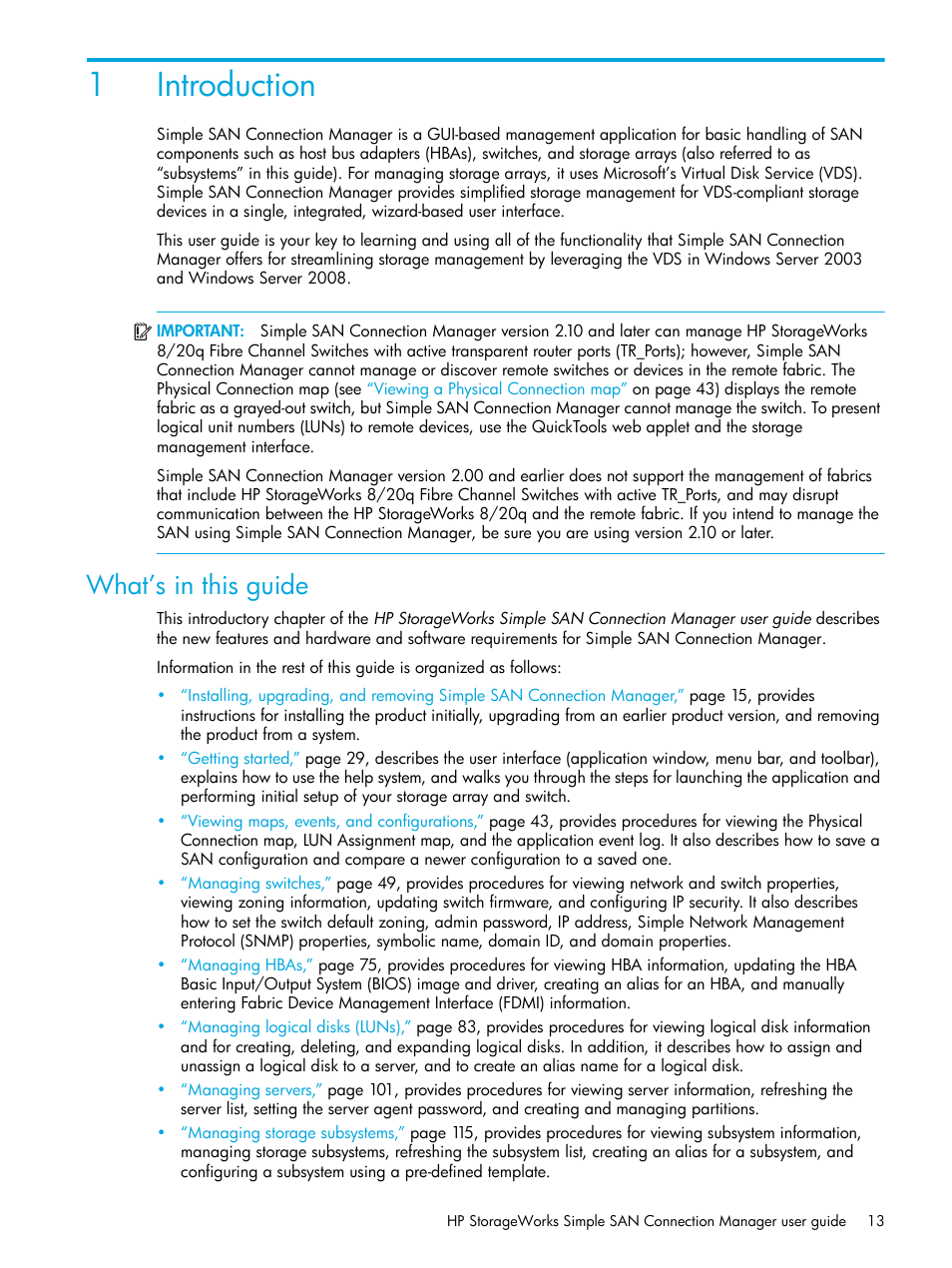 Introduction, What’s in this guide, 1 introduction | 1introduction | HP StorageWorks 2000fc G2 Modular Smart Array User Manual | Page 13 / 150