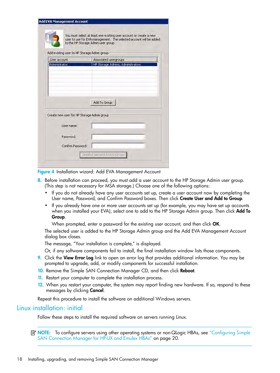 Linux installation: initial, 4 installation wizard: add eva management account | HP StorageWorks 2000fc G2 Modular Smart Array User Manual | Page 18 / 150