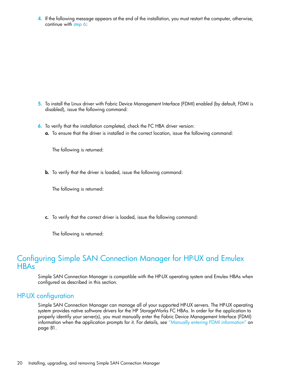 Hp-ux configuration, Configuring simple, San connection manager for hp-ux and emulex hbas | HP StorageWorks 2000fc G2 Modular Smart Array User Manual | Page 20 / 150