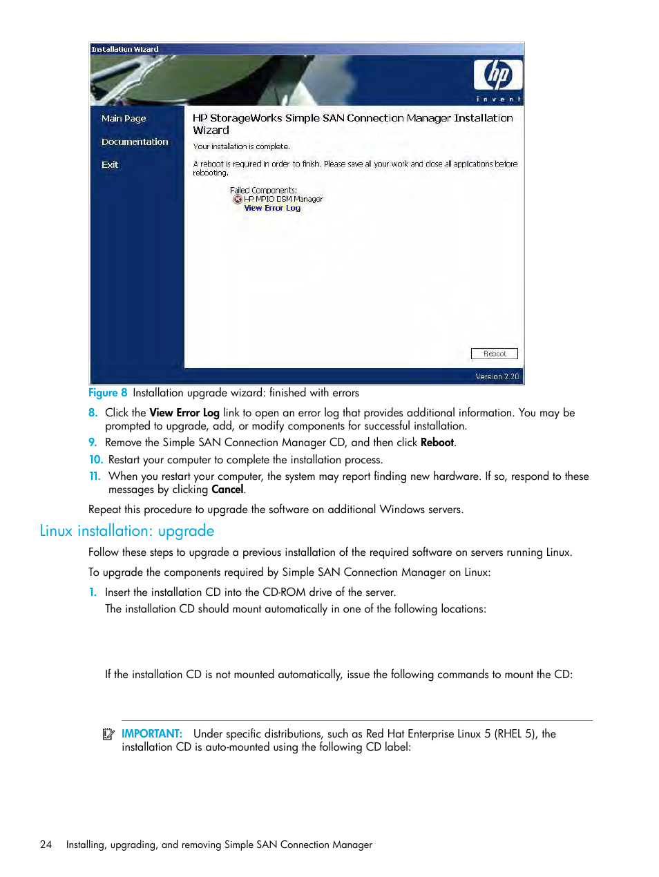 Linux installation: upgrade, Linux installation, Upgrade | HP StorageWorks 2000fc G2 Modular Smart Array User Manual | Page 24 / 150