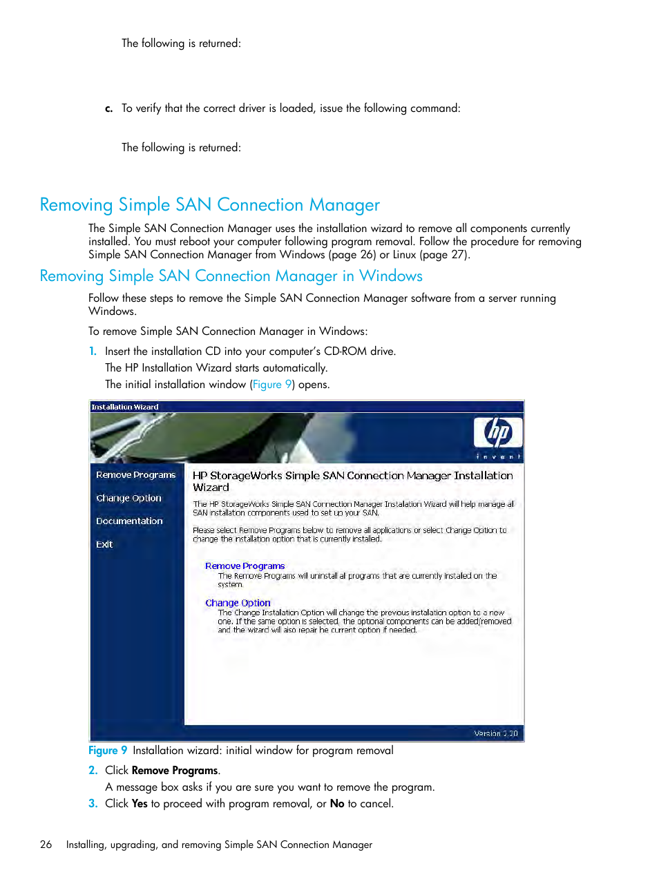 Removing simple san connection manager, Removing simple san connection manager in windows | HP StorageWorks 2000fc G2 Modular Smart Array User Manual | Page 26 / 150