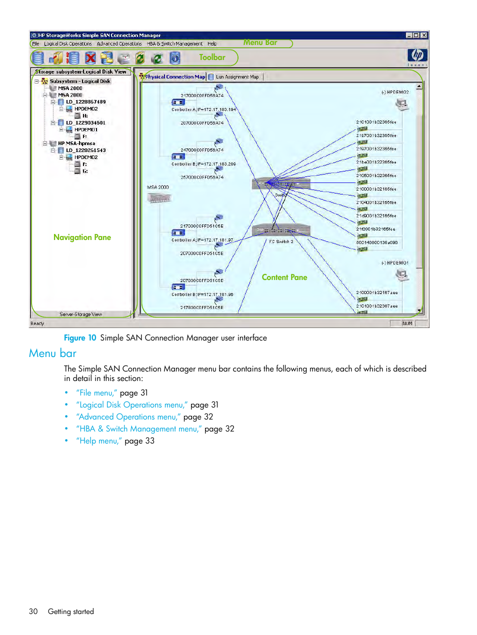 Menu bar, 10 simple san connection manager user interface, Figure 10 | HP StorageWorks 2000fc G2 Modular Smart Array User Manual | Page 30 / 150