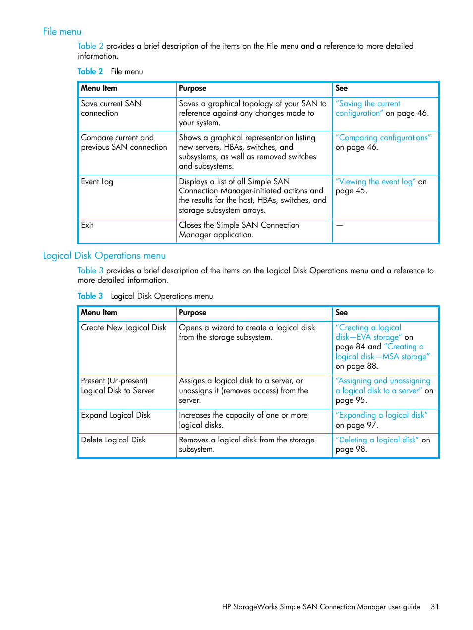 File menu, Logical disk operations menu, 2 file menu | 3 logical disk operations menu | HP StorageWorks 2000fc G2 Modular Smart Array User Manual | Page 31 / 150