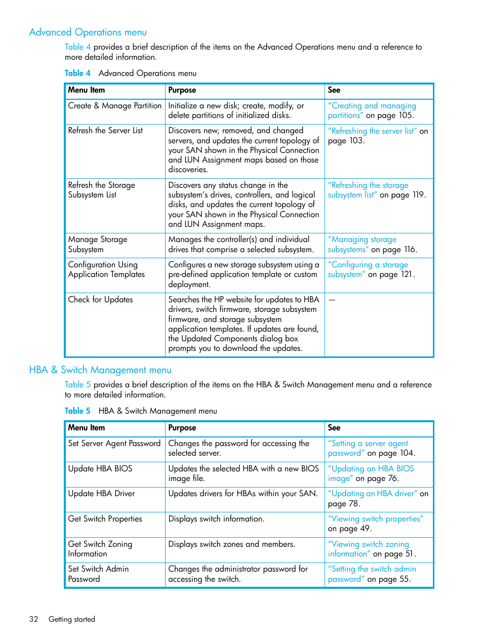 Advanced operations menu, Hba & switch management menu, 4 advanced operations menu | 5 hba & switch management menu | HP StorageWorks 2000fc G2 Modular Smart Array User Manual | Page 32 / 150