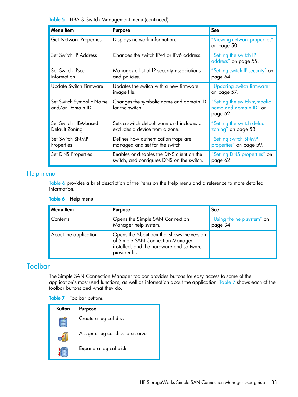 Help menu, Toolbar, 6 help menu | 7 toolbar buttons | HP StorageWorks 2000fc G2 Modular Smart Array User Manual | Page 33 / 150