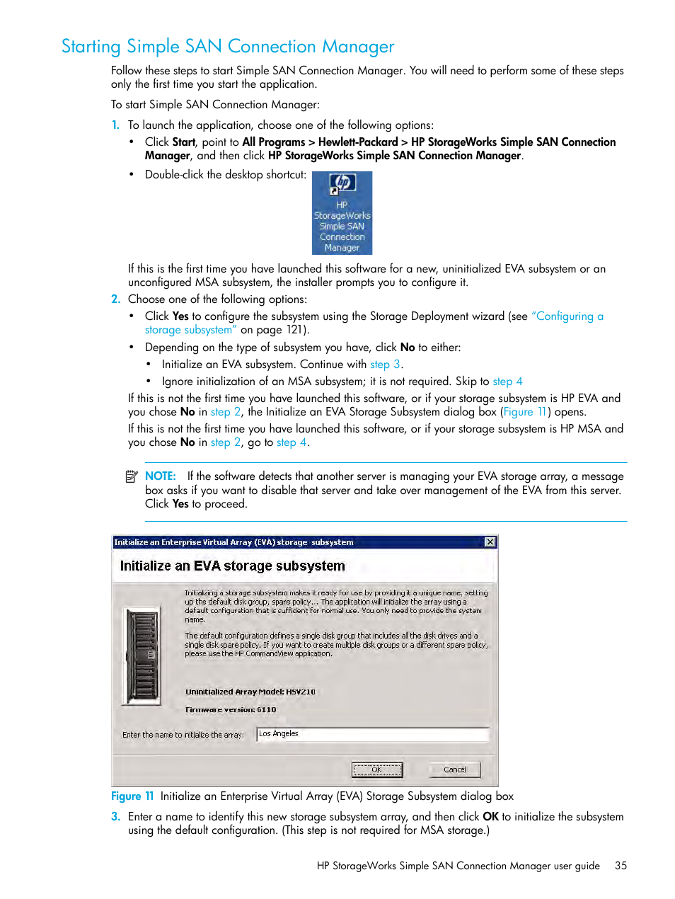 Starting simple san connection manager | HP StorageWorks 2000fc G2 Modular Smart Array User Manual | Page 35 / 150