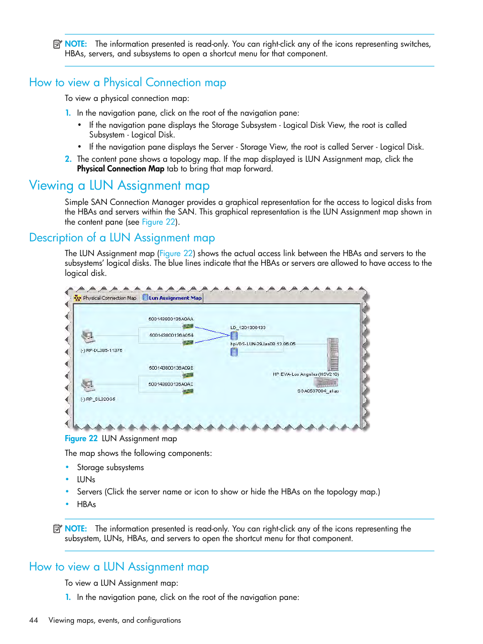 How to view a physical connection map, Viewing a lun assignment map, Description of a lun assignment map | How to view a lun assignment map, 22 lun assignment map | HP StorageWorks 2000fc G2 Modular Smart Array User Manual | Page 44 / 150