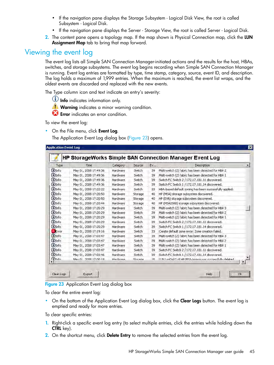 Viewing the event log, 23 application event log dialog box | HP StorageWorks 2000fc G2 Modular Smart Array User Manual | Page 45 / 150