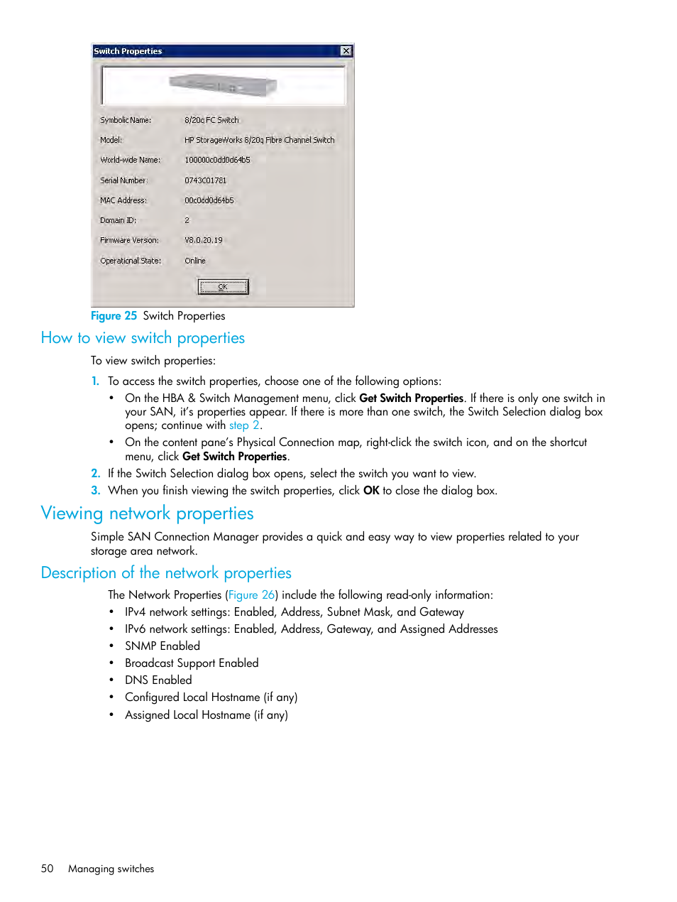 How to view switch properties, Viewing network properties, Description of the network properties | 25 switch properties, Figure 25 | HP StorageWorks 2000fc G2 Modular Smart Array User Manual | Page 50 / 150