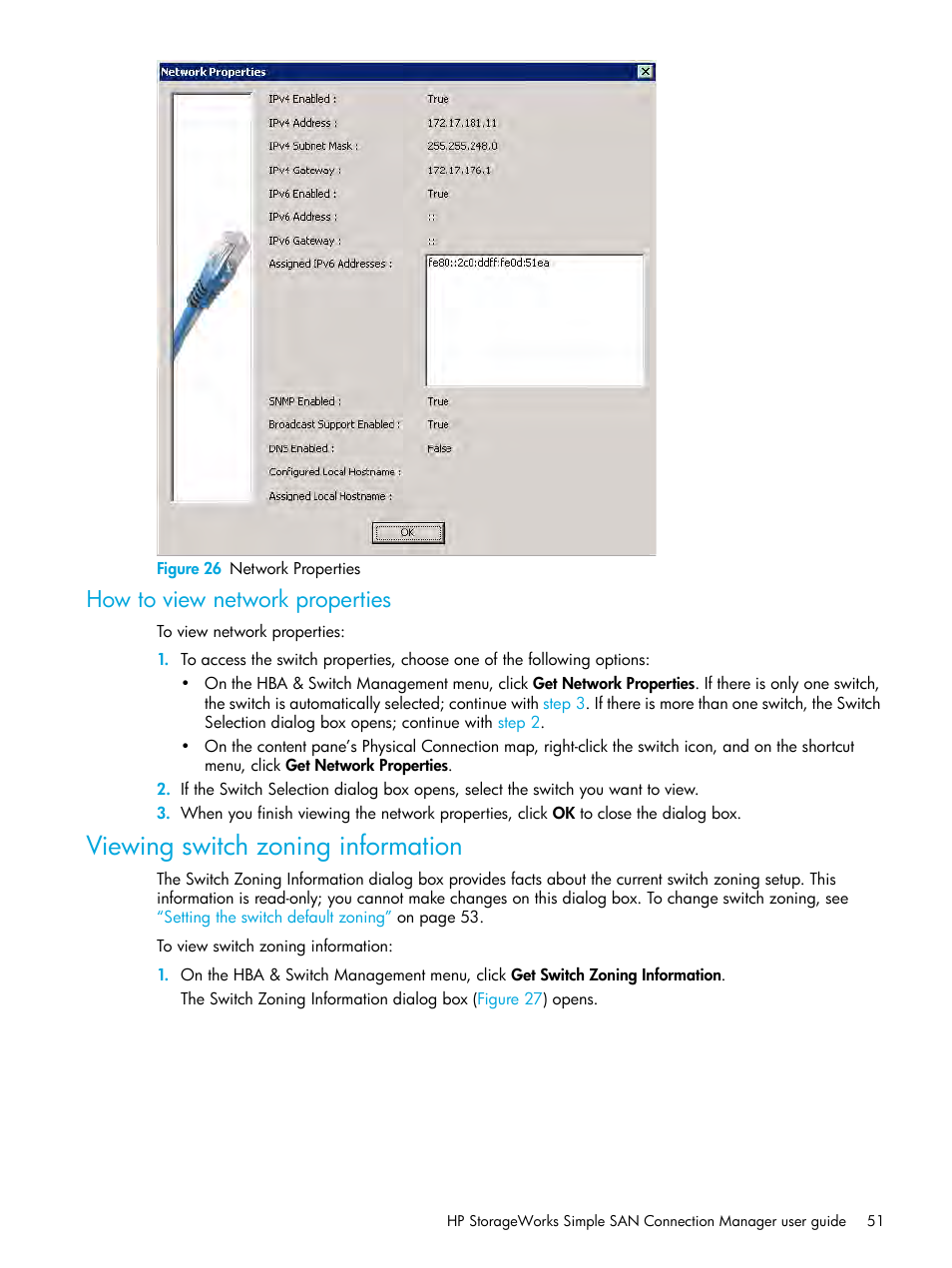 How to view network properties, Viewing switch zoning information, 26 network properties | Viewing switch zoning, Information, Figure 26 | HP StorageWorks 2000fc G2 Modular Smart Array User Manual | Page 51 / 150