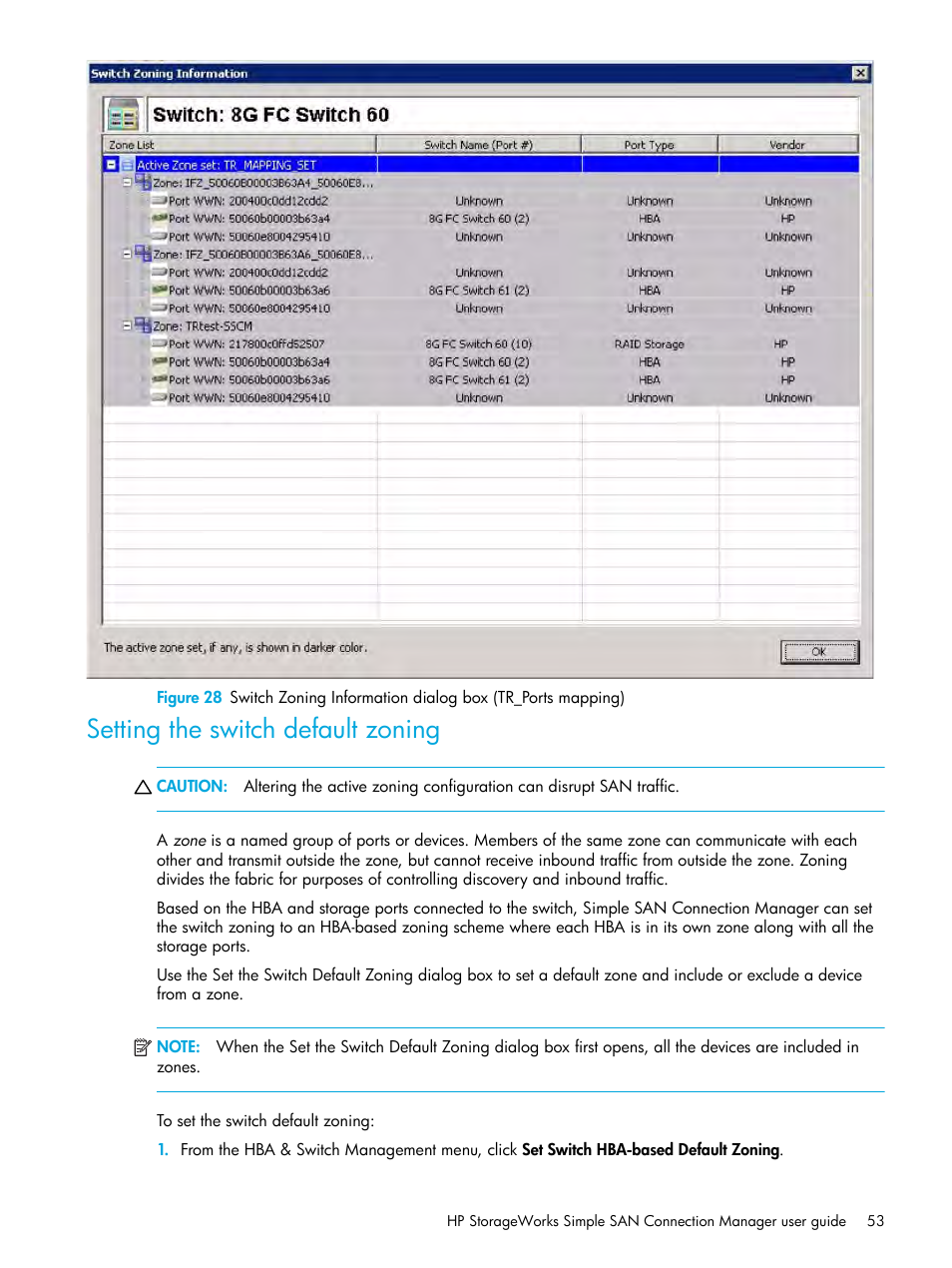 Setting the switch default zoning, Setting the switch default, Zoning | Figure 28 | HP StorageWorks 2000fc G2 Modular Smart Array User Manual | Page 53 / 150