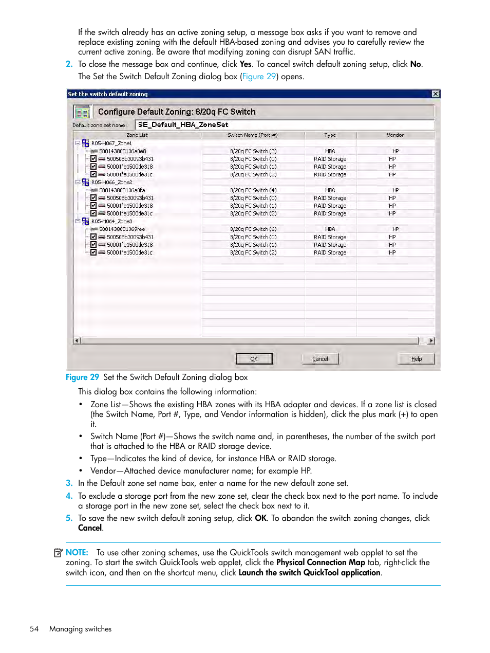 29 set the switch default zoning dialog box | HP StorageWorks 2000fc G2 Modular Smart Array User Manual | Page 54 / 150