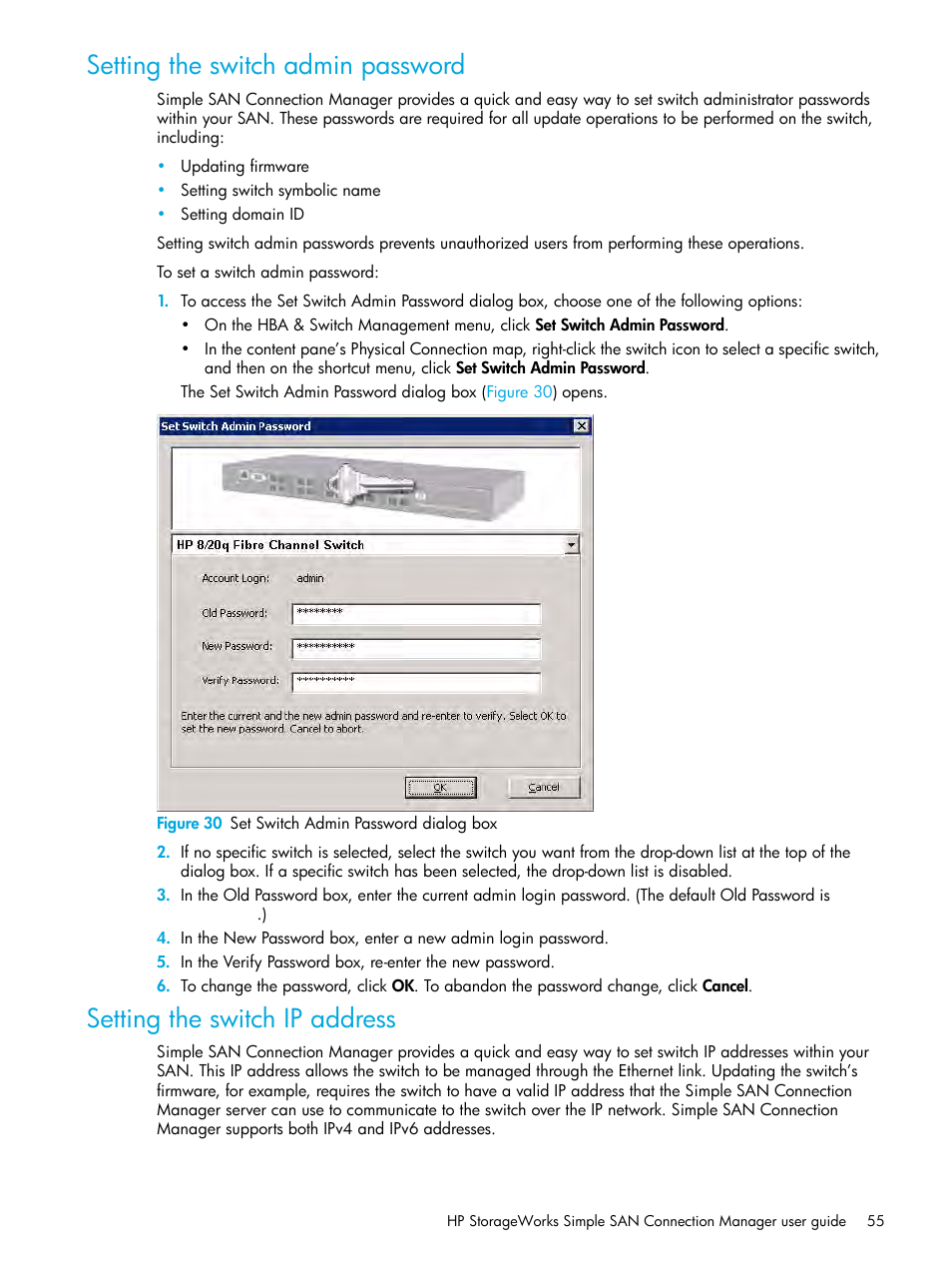 Setting the switch admin password, Setting the switch ip address, 30 set switch admin password dialog box | Setting the switch admin, Password, Setting the switch ip, Address, Setting the switch, Ip address | HP StorageWorks 2000fc G2 Modular Smart Array User Manual | Page 55 / 150