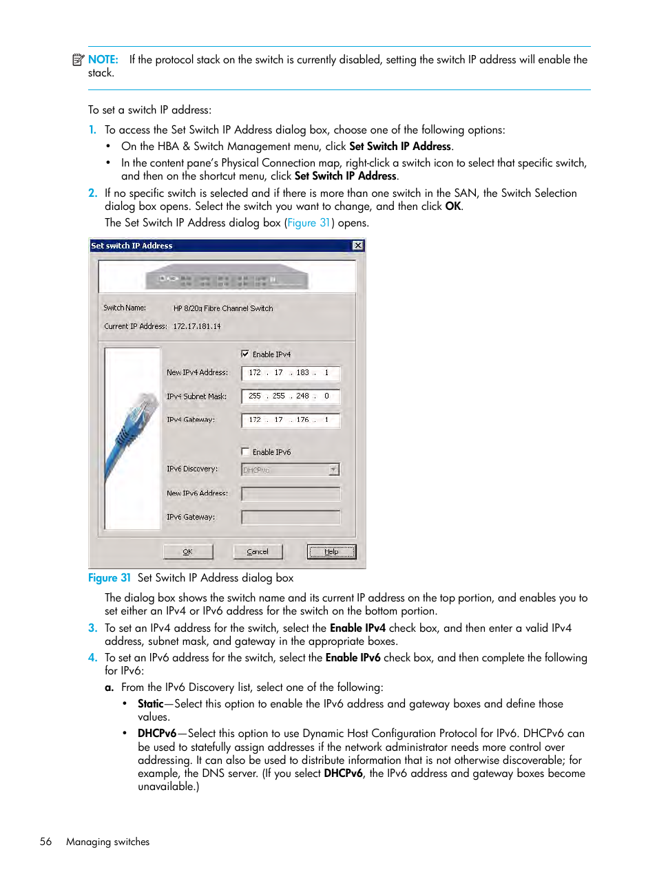 31 set switch ip address dialog box | HP StorageWorks 2000fc G2 Modular Smart Array User Manual | Page 56 / 150