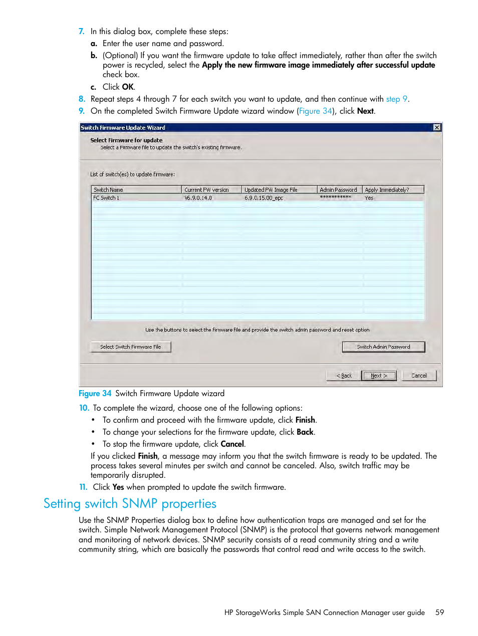 Setting switch snmp properties, 34 switch firmware update wizard, Setting switch snmp | Properties | HP StorageWorks 2000fc G2 Modular Smart Array User Manual | Page 59 / 150