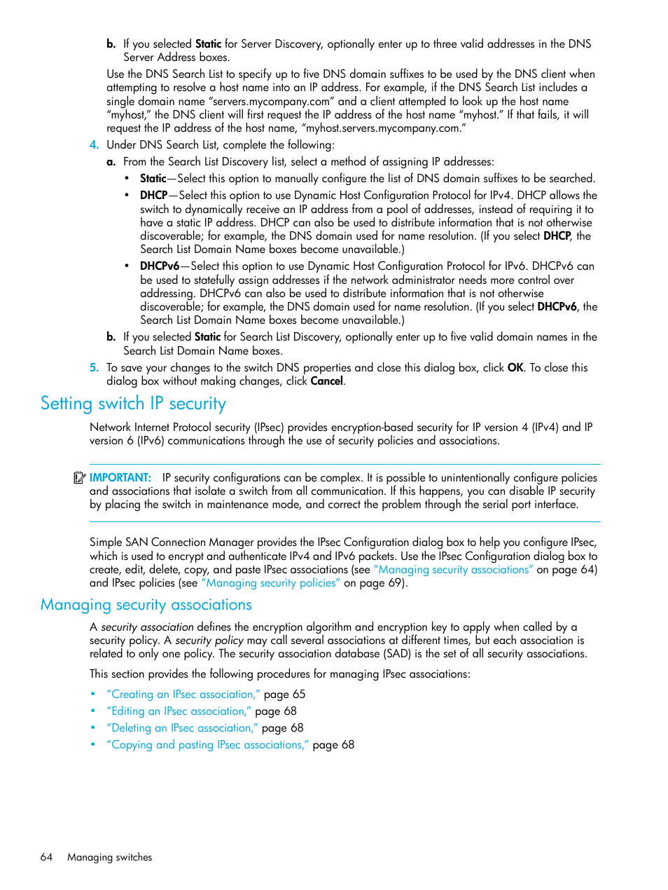 Setting switch ip security, Managing security associations | HP StorageWorks 2000fc G2 Modular Smart Array User Manual | Page 64 / 150