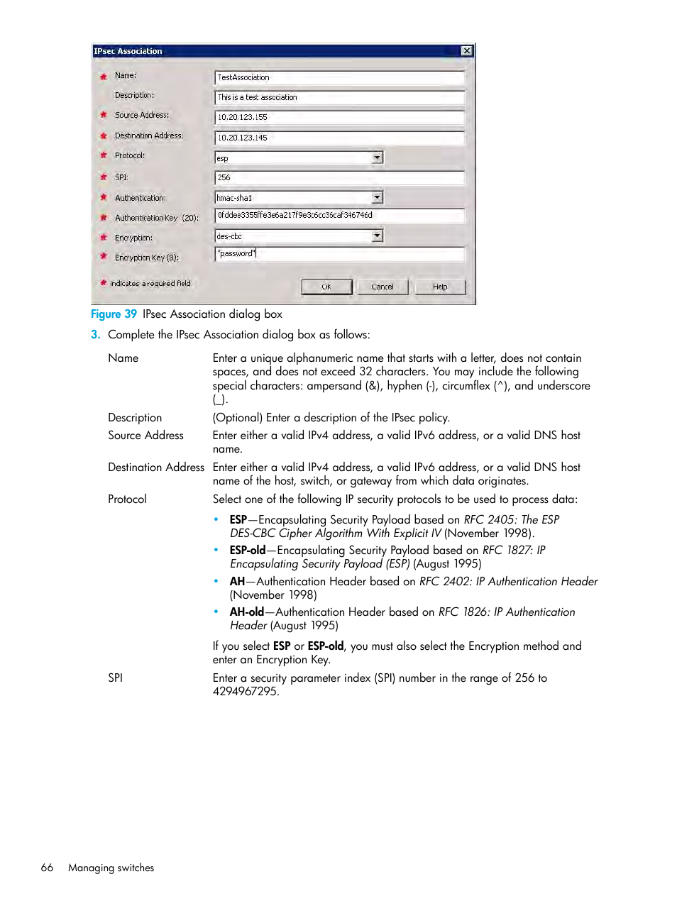 39 ipsec association dialog box, Figure 39 | HP StorageWorks 2000fc G2 Modular Smart Array User Manual | Page 66 / 150