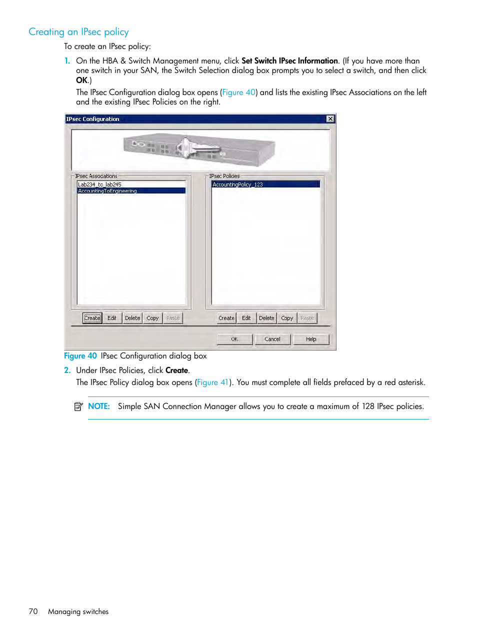 Creating an ipsec policy, 40 ipsec configuration dialog box | HP StorageWorks 2000fc G2 Modular Smart Array User Manual | Page 70 / 150