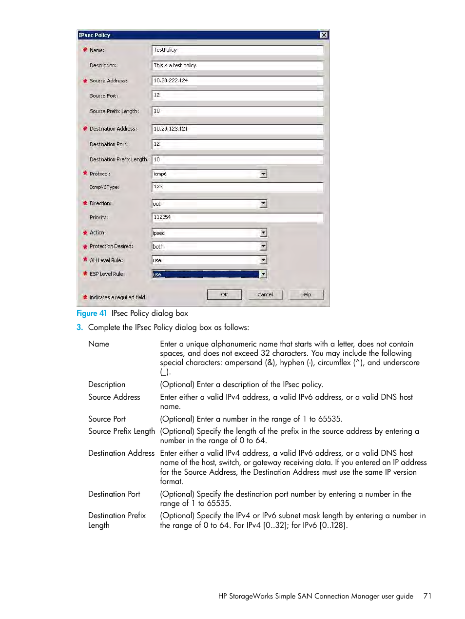 41 ipsec policy dialog box, Figure 41 | HP StorageWorks 2000fc G2 Modular Smart Array User Manual | Page 71 / 150