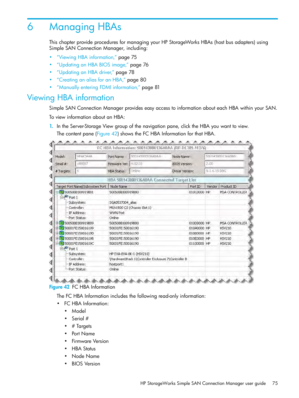 Managing hbas, Viewing hba information, 6 managing hbas | 42 fc hba information, 6managing hbas | HP StorageWorks 2000fc G2 Modular Smart Array User Manual | Page 75 / 150